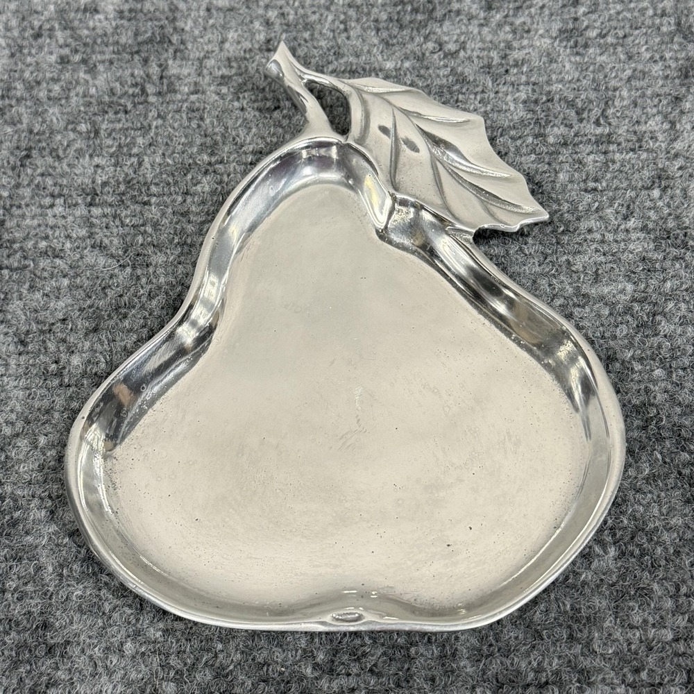 Fitz & Floyd‎ Silver Metal Pear Shaped Serving Tray Small Leaf Handle Decor